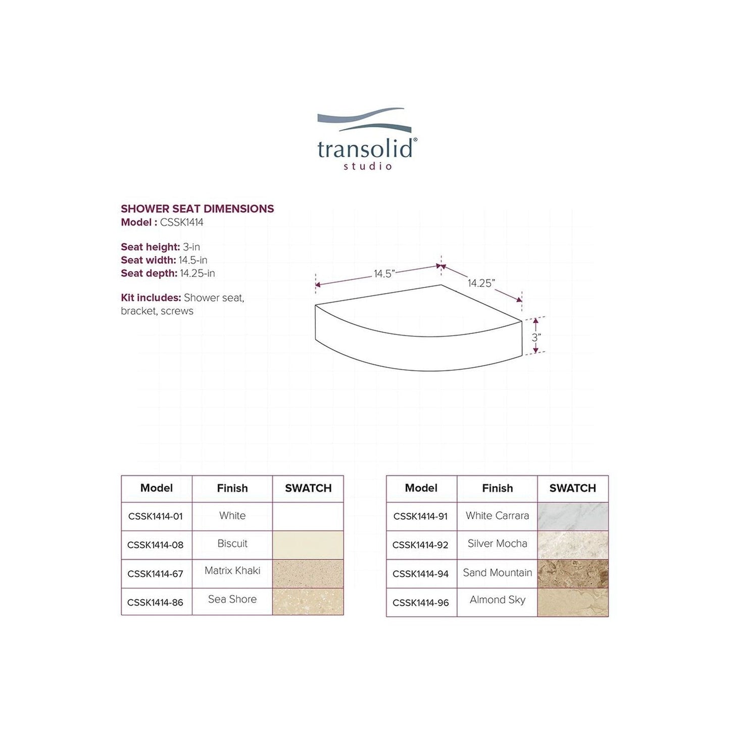 Siège de douche d'angle mural en surface solide Transolid Studio 14 po x 14 po - 14,5 po x 14,25 po x 3 po