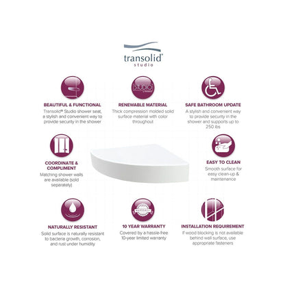 Siège de douche d'angle mural en surface solide Transolid Studio 14 po x 14 po - 14,5 po x 14,25 po x 3 po