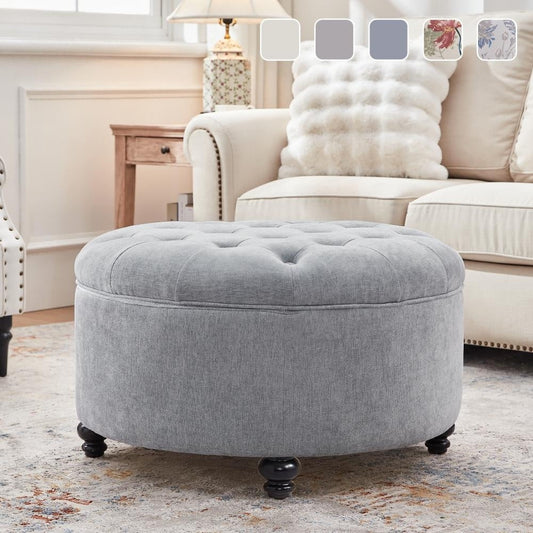 Pouf de rangement rond capitonné grand format, repose-pieds beige/gris/bleu