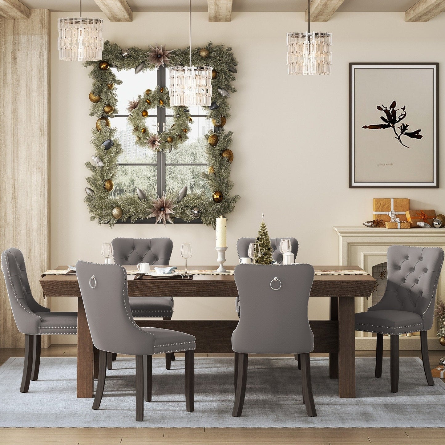 Ensemble de 6 chaises de salle à manger capitonnées en velours avec pieds en bois massif