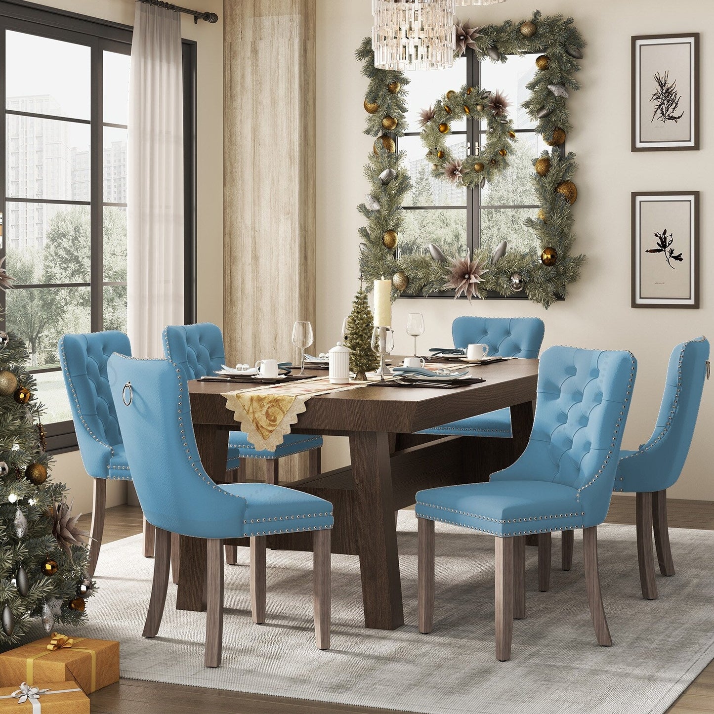 Ensemble de 6 chaises de salle à manger capitonnées en velours avec pieds en bois massif