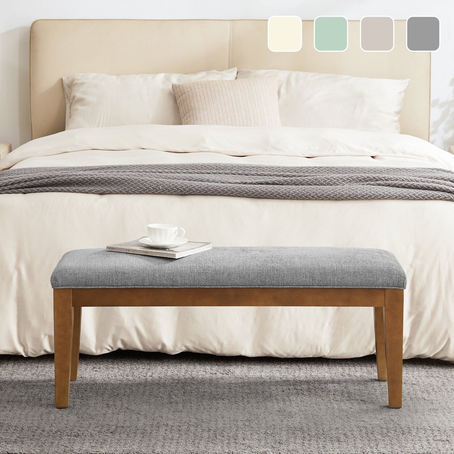 Banc d'entrée rembourré en tissu, banc de chambre à coucher pour pied de lit, beige, bois massif, 112 cm (44 pouces)