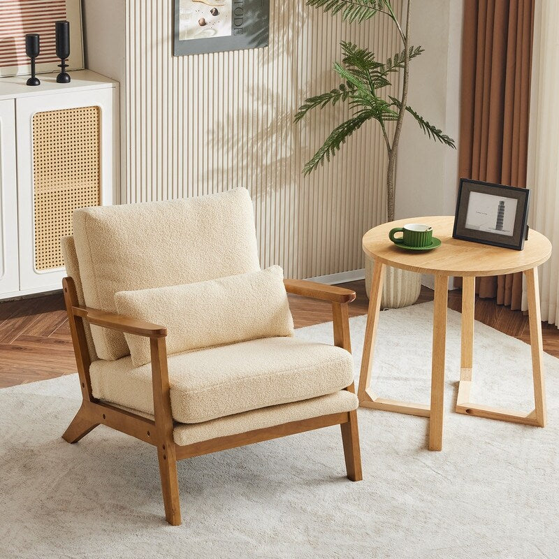 Fauteuil d'appoint beige en lin mélangé, pieds en bois et un coussin.