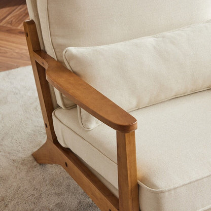 Fauteuil d'appoint beige en lin mélangé, pieds en bois et un coussin.