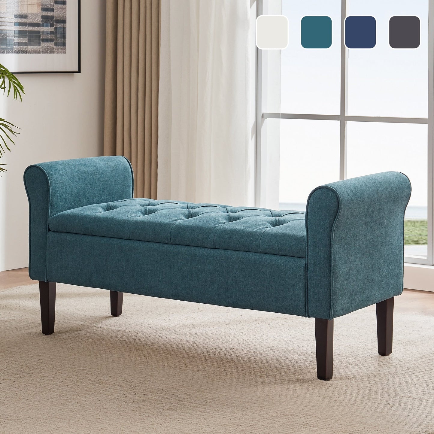 Banc de rangement rembourré avec accoudoirs, banc d'entrée avec couvercle capitonné rabattable, 128 cm (50,4 pouces).