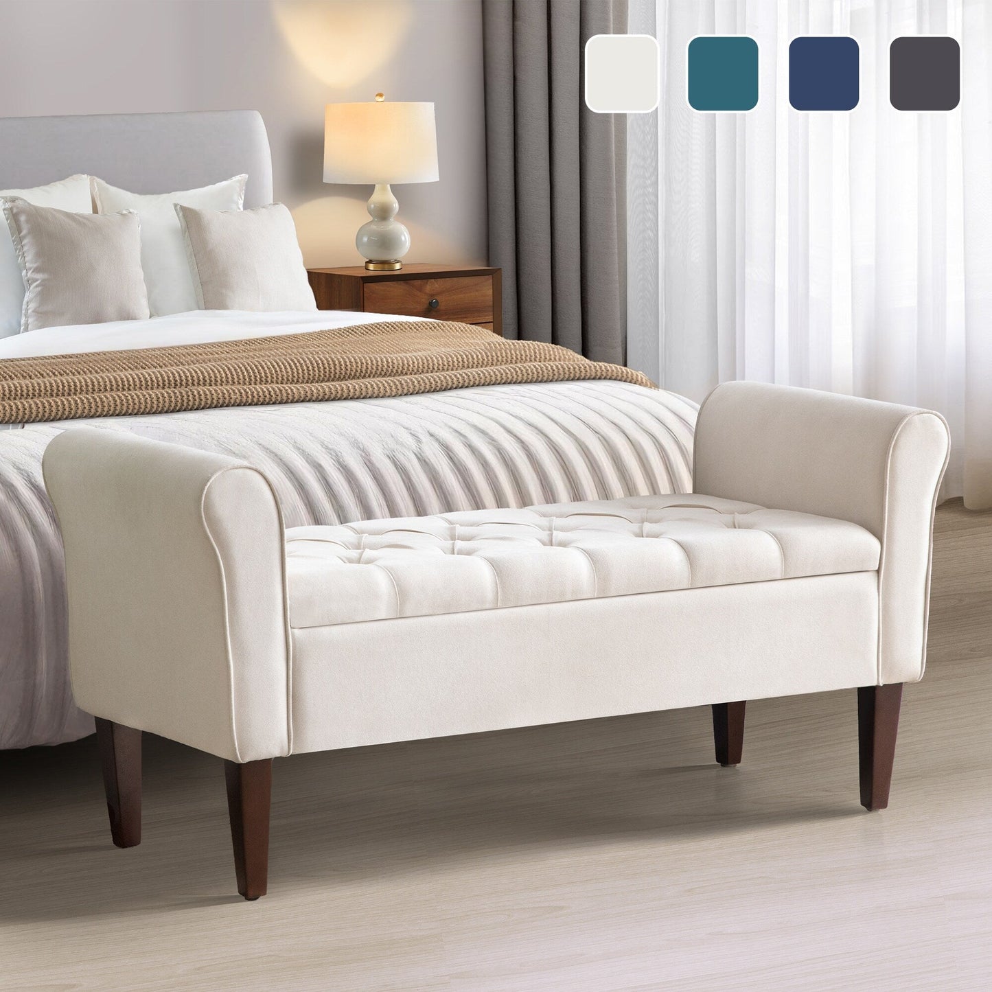 Banc de rangement rembourré avec accoudoirs, banc d'entrée avec couvercle capitonné rabattable, 128 cm (50,4 pouces).