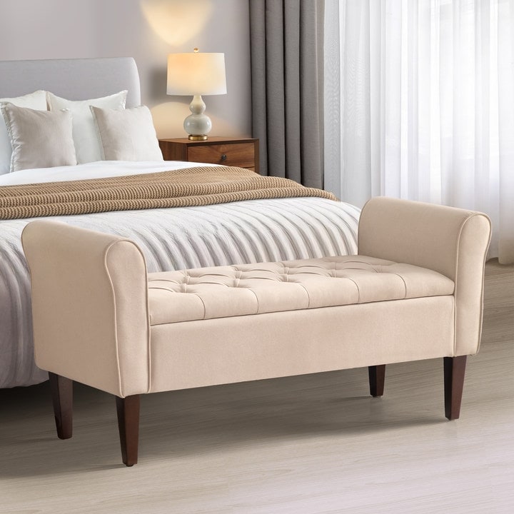 Banc de rangement rembourré avec accoudoirs, banc d'entrée avec couvercle capitonné rabattable, 128 cm (50,4 pouces).