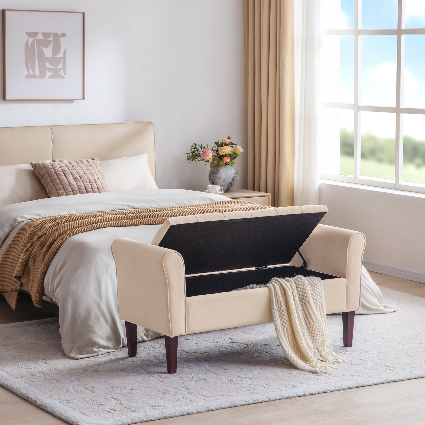 Banc de rangement rembourré avec accoudoirs, banc d'entrée avec couvercle capitonné rabattable, 128 cm (50,4 pouces).