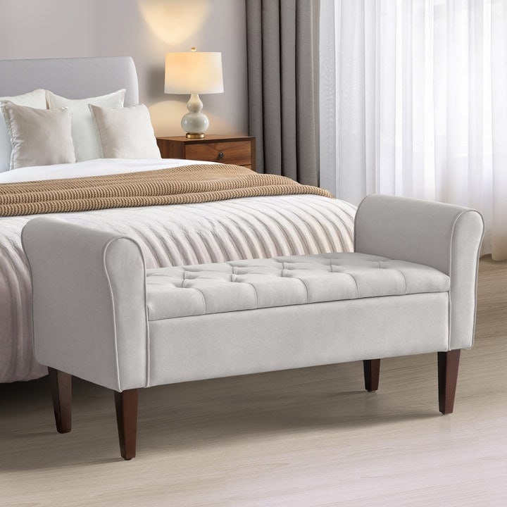 Banc de rangement rembourré avec accoudoirs, banc d'entrée avec couvercle capitonné rabattable, 128 cm (50,4 pouces).