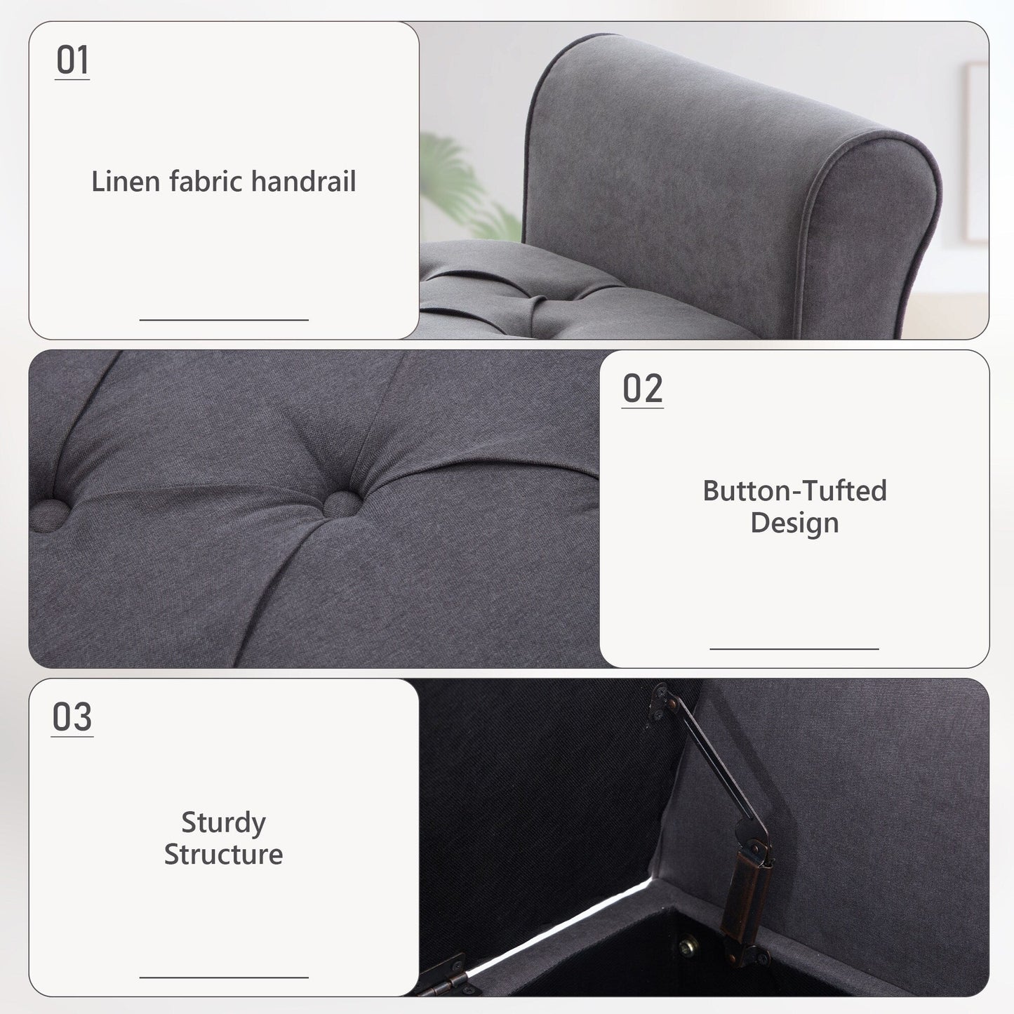 Banc de rangement rembourré avec accoudoirs, banc d'entrée avec couvercle capitonné rabattable, 128 cm (50,4 pouces).