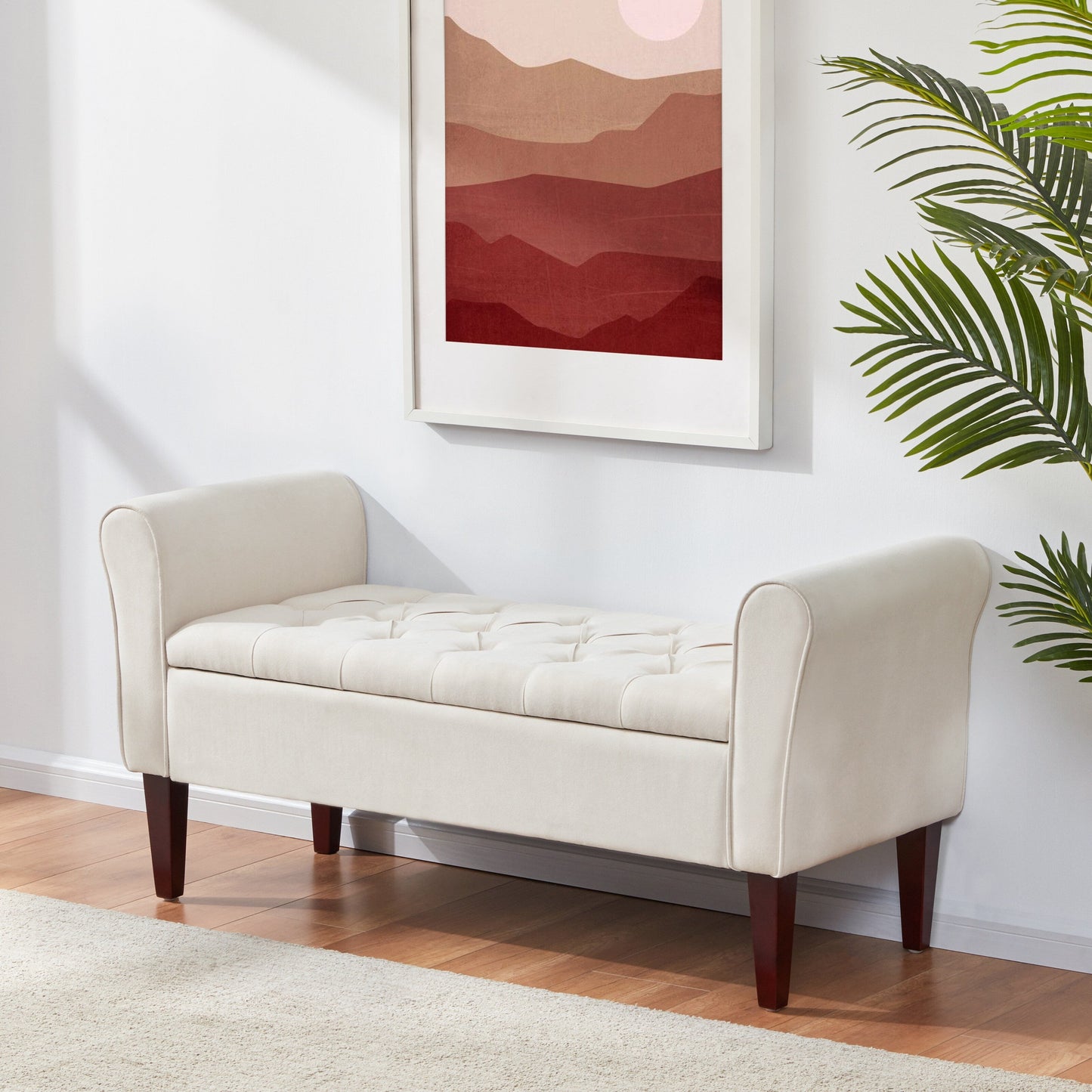 Banc de rangement rembourré avec accoudoirs, banc d'entrée avec couvercle capitonné rabattable, 128 cm (50,4 pouces).