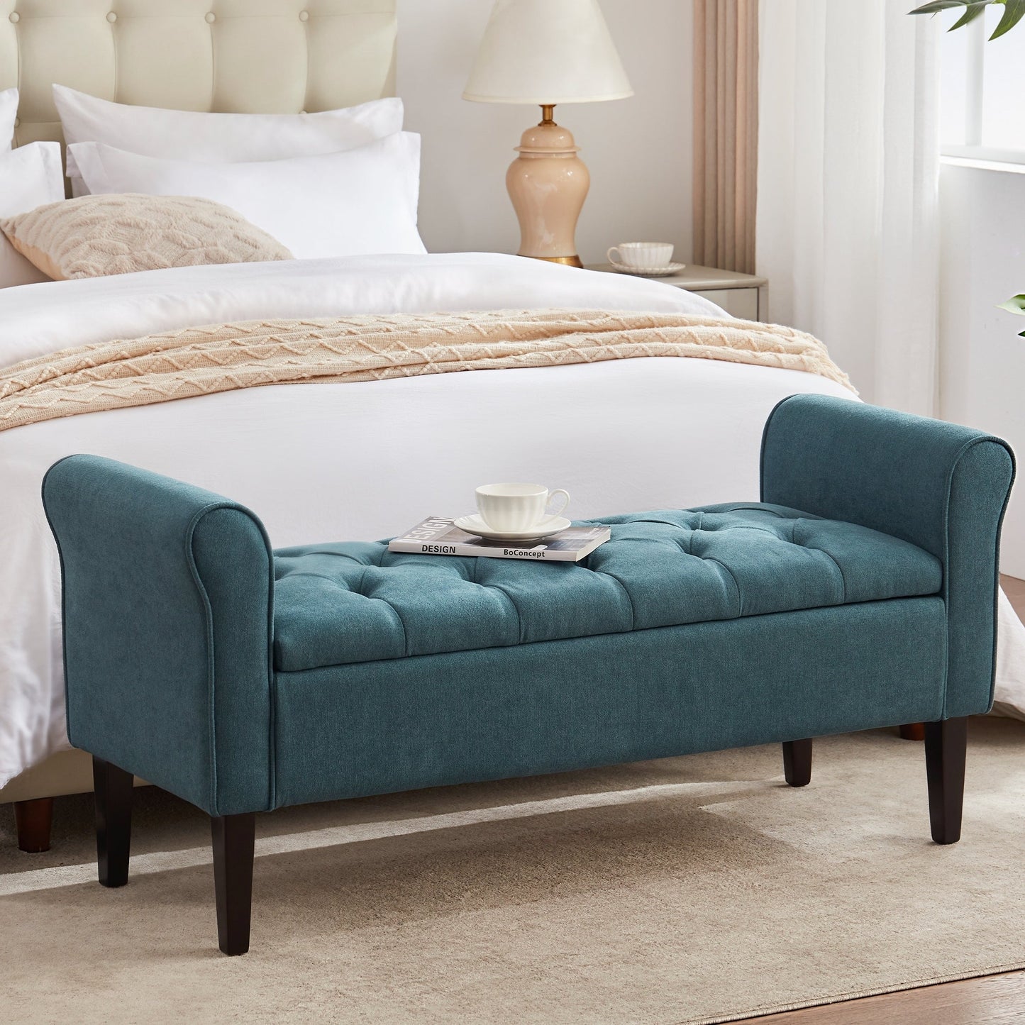 Banc de rangement rembourré avec accoudoirs, banc d'entrée avec couvercle capitonné rabattable, 128 cm (50,4 pouces).