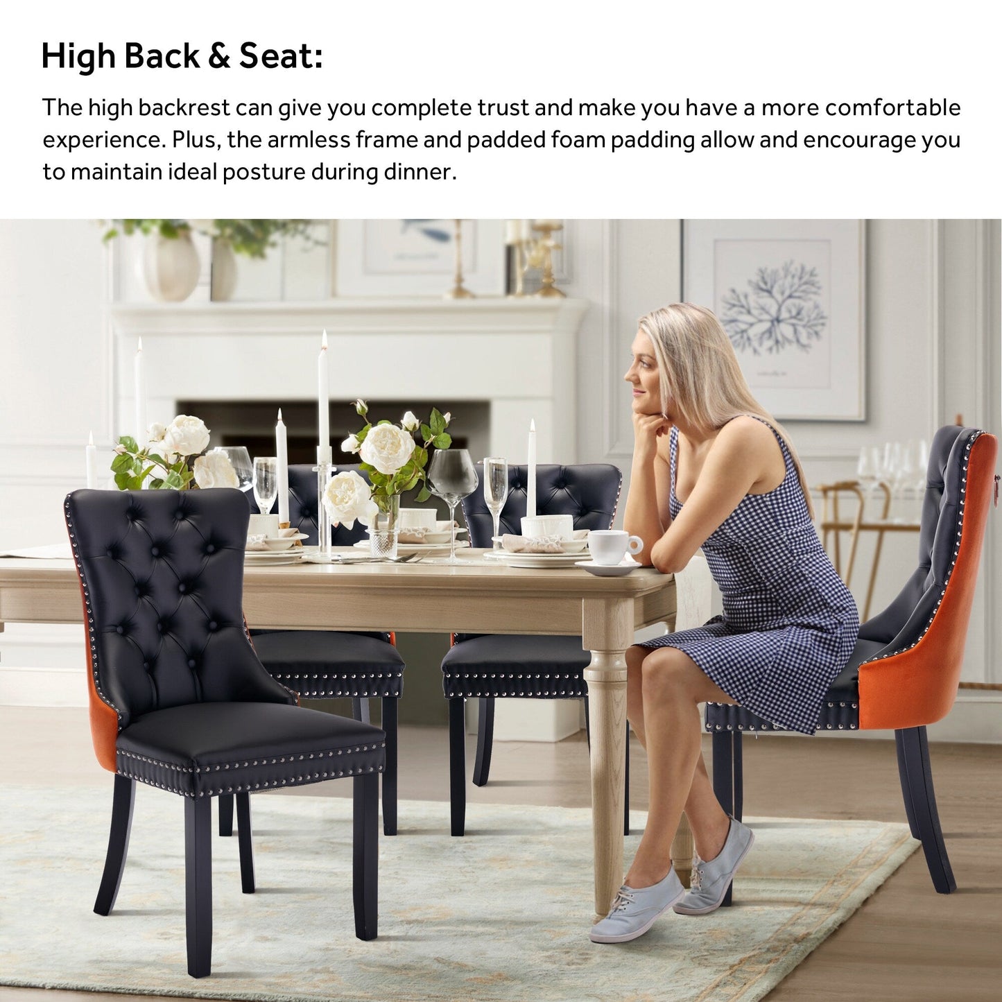 Ensemble de 6 chaises de salle à manger capitonnées en velours avec pieds en bois massif