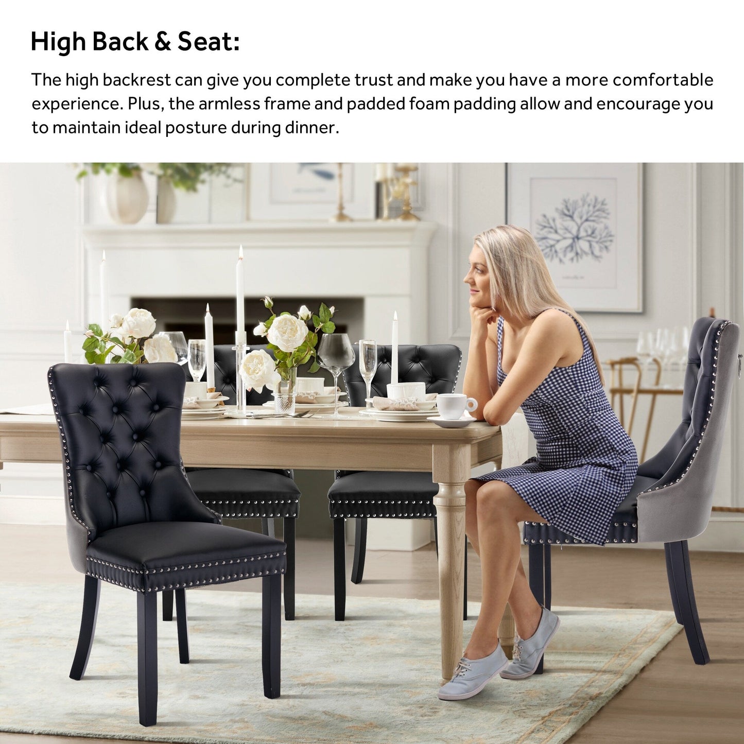 Ensemble de 6 chaises de salle à manger capitonnées en velours avec pieds en bois massif