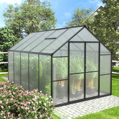 Serre de jardin VEIKOUS en aluminium, gris, avec aération de toit réglable et porte verrouillable.