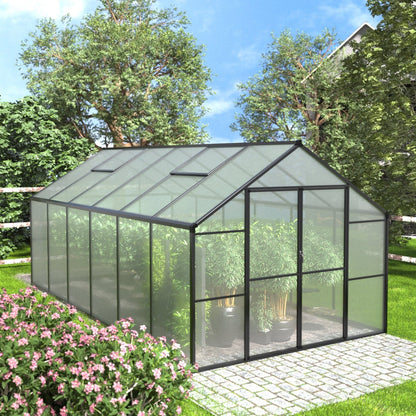 Serre de jardin VEIKOUS en aluminium, gris, avec aération de toit réglable et porte verrouillable.