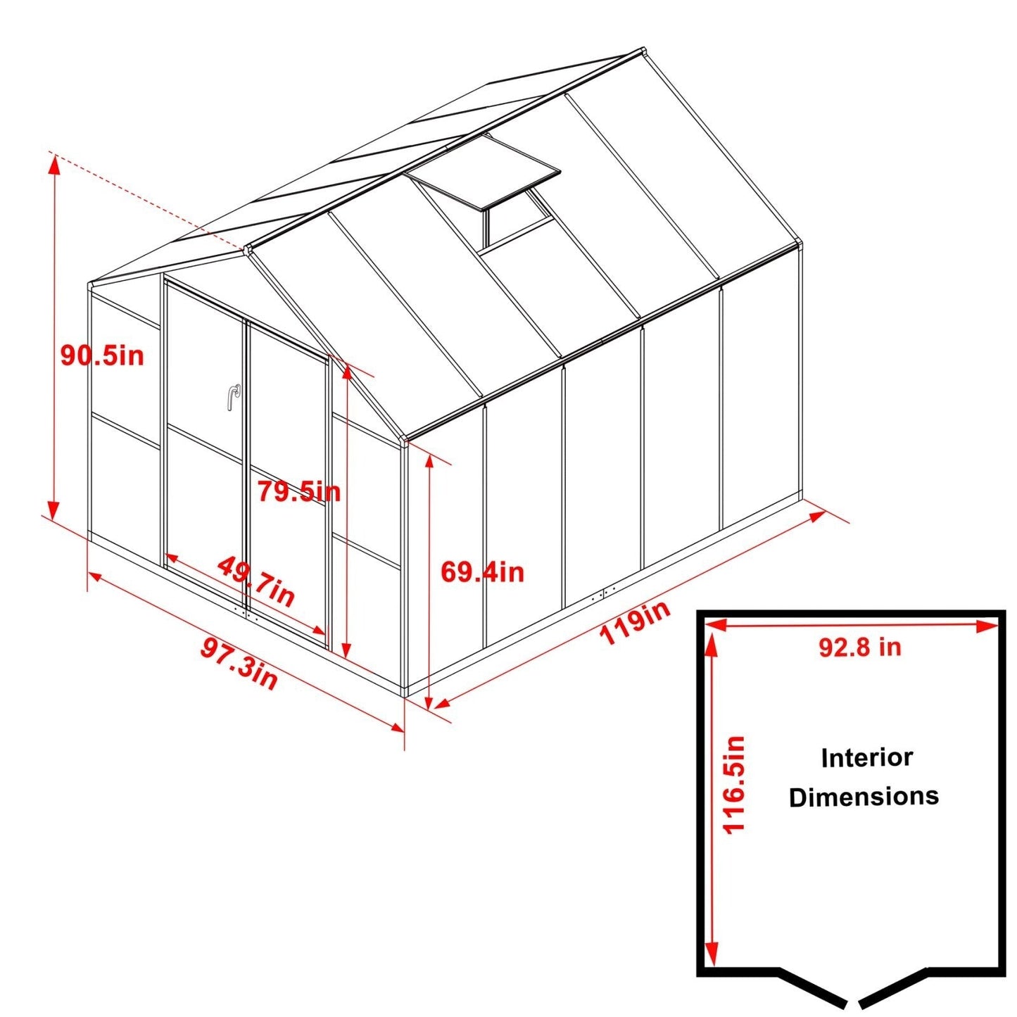 Serre de jardin VEIKOUS en aluminium, gris, avec aération de toit réglable et porte verrouillable.
