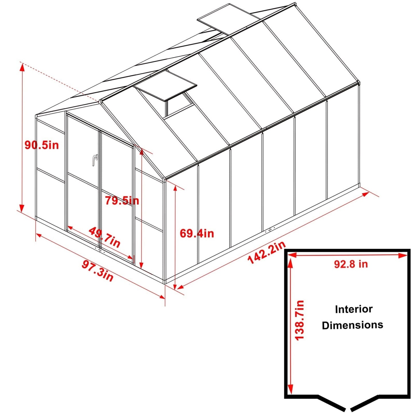 Serre de jardin VEIKOUS en aluminium, gris, avec aération de toit réglable et porte verrouillable.