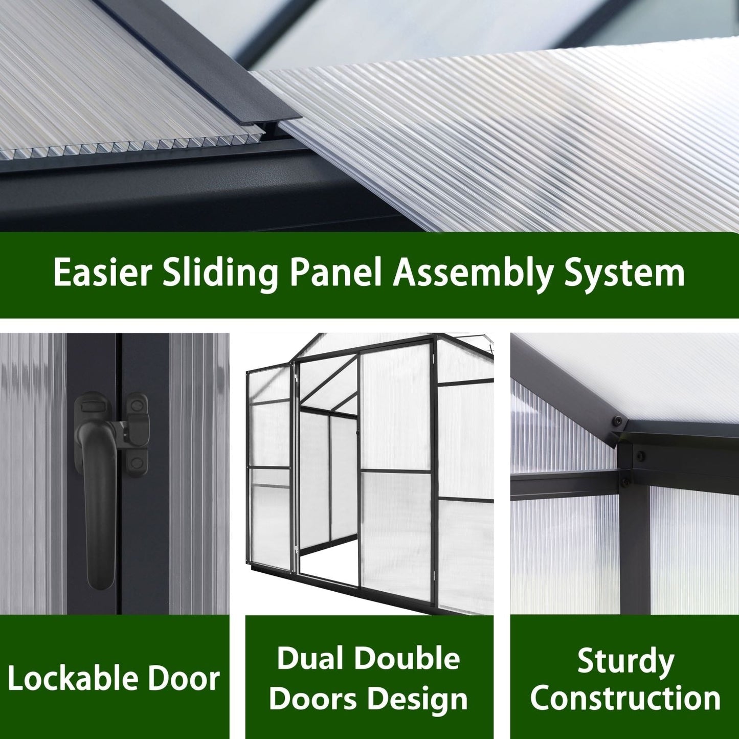 Serre de jardin VEIKOUS en aluminium, gris, avec aération de toit réglable et porte verrouillable.