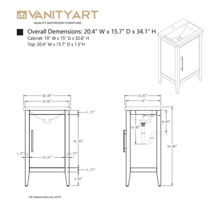 Meuble-lavabo simple vasque Vanity Art 20, 24 ou 30 pouces avec plan de travail en céramique