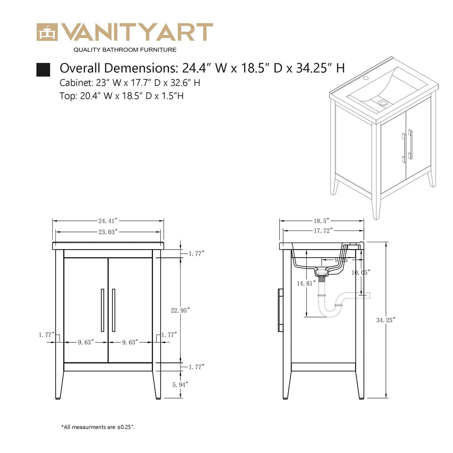 Meuble-lavabo simple vasque Vanity Art 20, 24 ou 30 pouces avec plan de travail en céramique