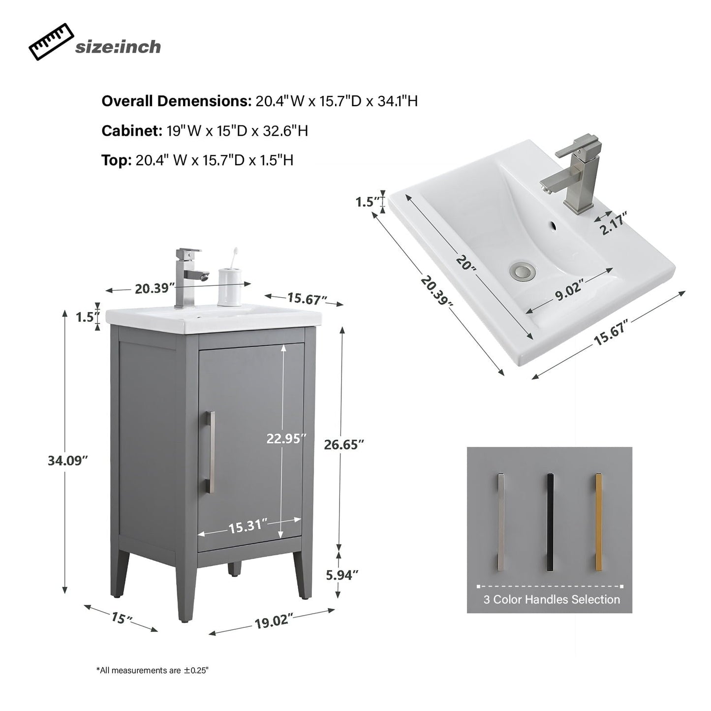 Meuble-lavabo simple vasque Vanity Art 20, 24 ou 30 pouces avec plan de travail en céramique