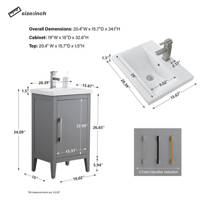 Meuble-lavabo simple vasque Vanity Art 20, 24 ou 30 pouces avec plan de travail en céramique