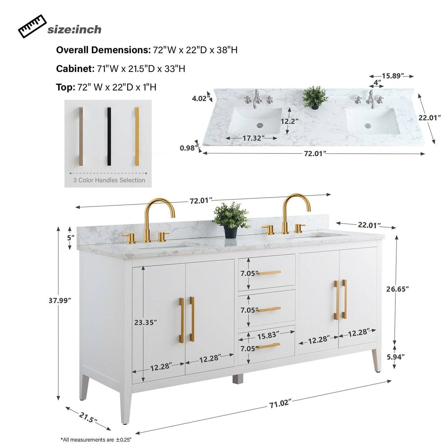 Meuble-lavabo double vasque Vanity Art 72 avec plan de travail en marbre reconstitué