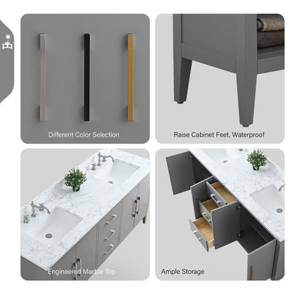 Meuble-lavabo double vasque Vanity Art 72 avec plan de travail en marbre reconstitué