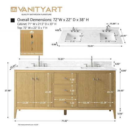 Meuble-lavabo double vasque Vanity Art 72 avec plan de travail en marbre reconstitué