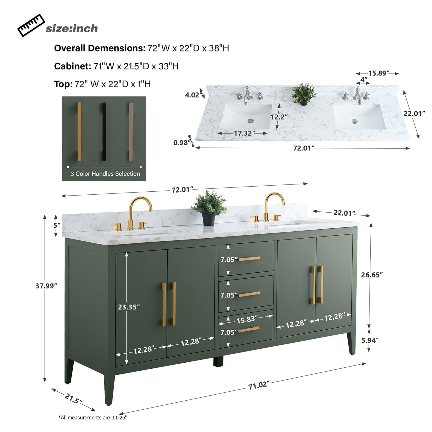 Meuble-lavabo double vasque Vanity Art 72 avec plan de travail en marbre reconstitué