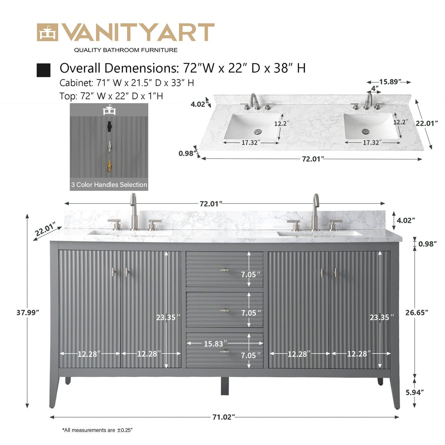 Meuble-lavabo double vasque Vanity Art 72 avec plan de travail en marbre reconstitué