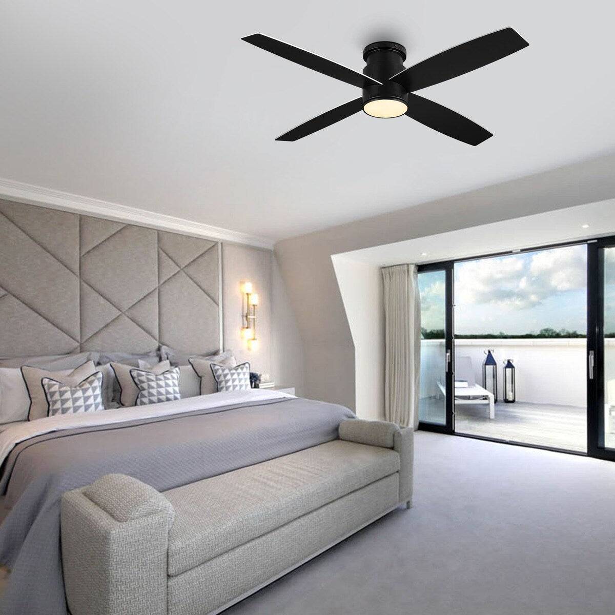 Ventilateur de plafond encastré WINGBO 44/52 pouces à courant continu avec éclairage et télécommande, 4 pales réversibles