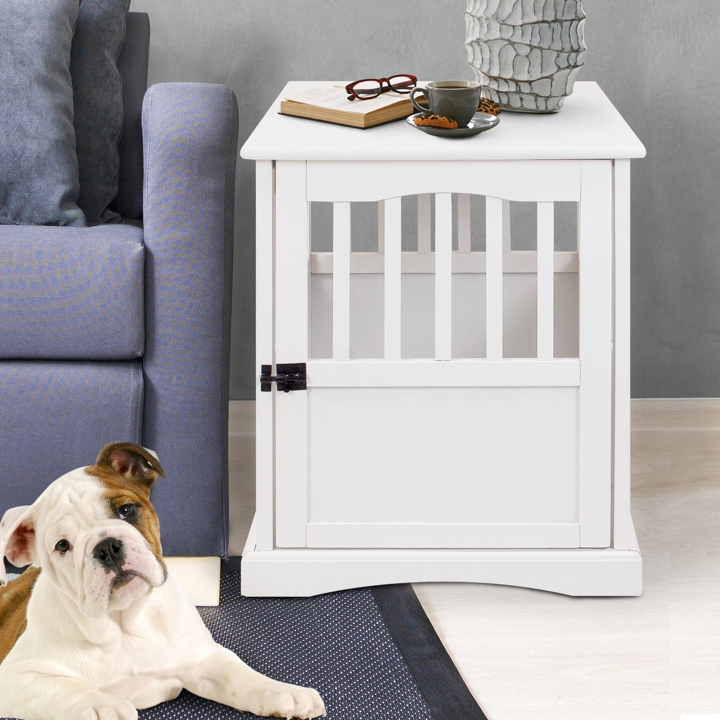 Table d'appoint en bois blanc avec cage pour animaux et porte verrouillable