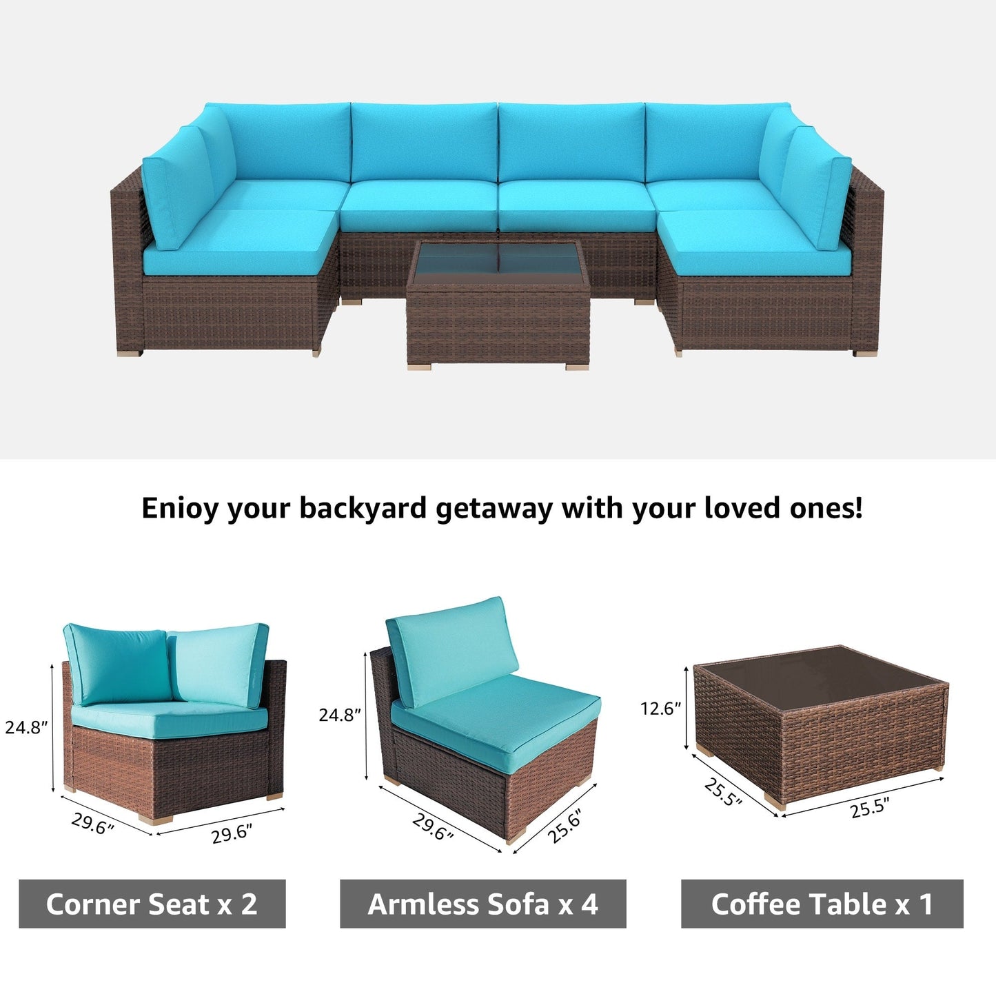 Ensemble de canapés d'angle d'extérieur 7 pièces en osier et acier avec coussins