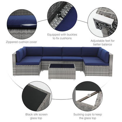 Ensemble de canapés d'angle d'extérieur 7 pièces en osier et acier avec coussins