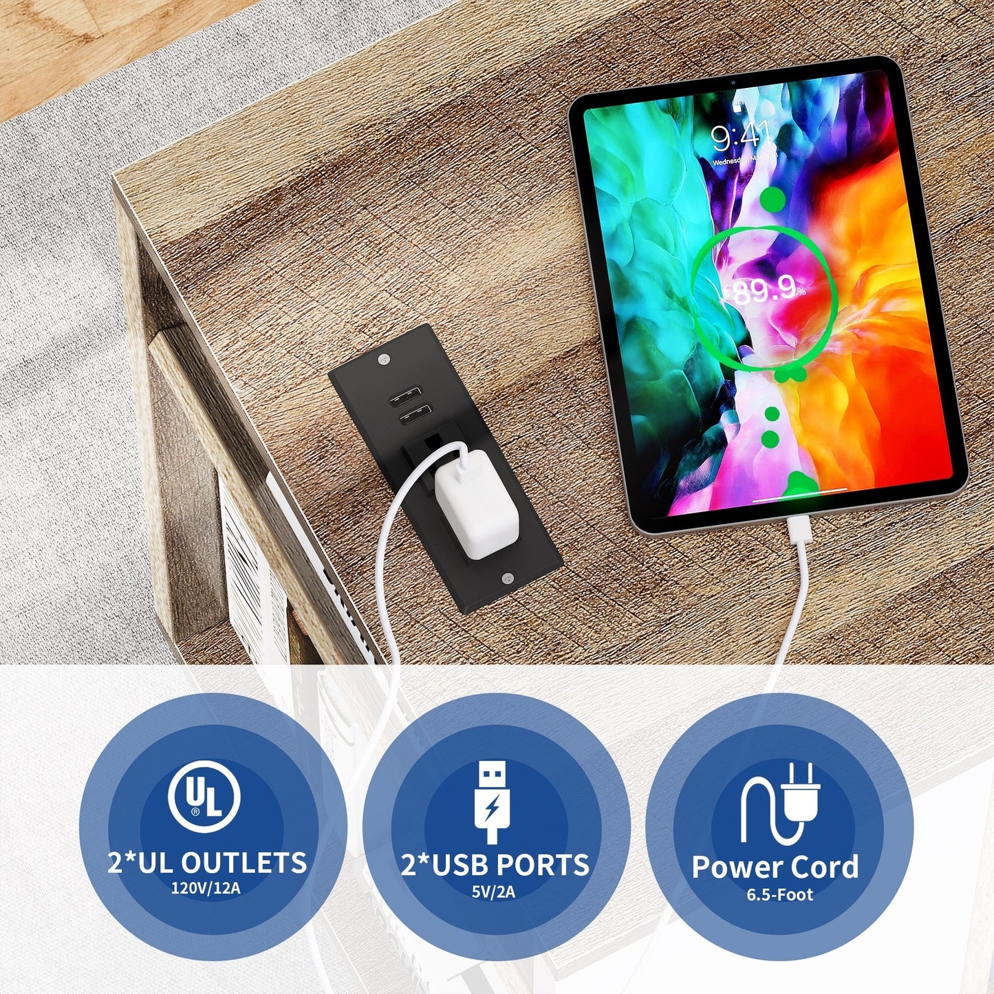 Classeur en bois avec station de recharge, classeur latéral mobile, verrouillable, compatible avec les formats A4, Lettre et Légal