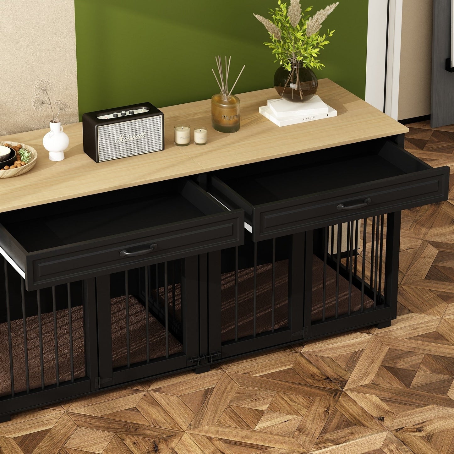 Cage double en bois pour chien avec 2 tiroirs et séparateur