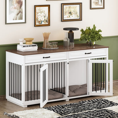 Cage double en bois pour chien avec 2 tiroirs et séparateur