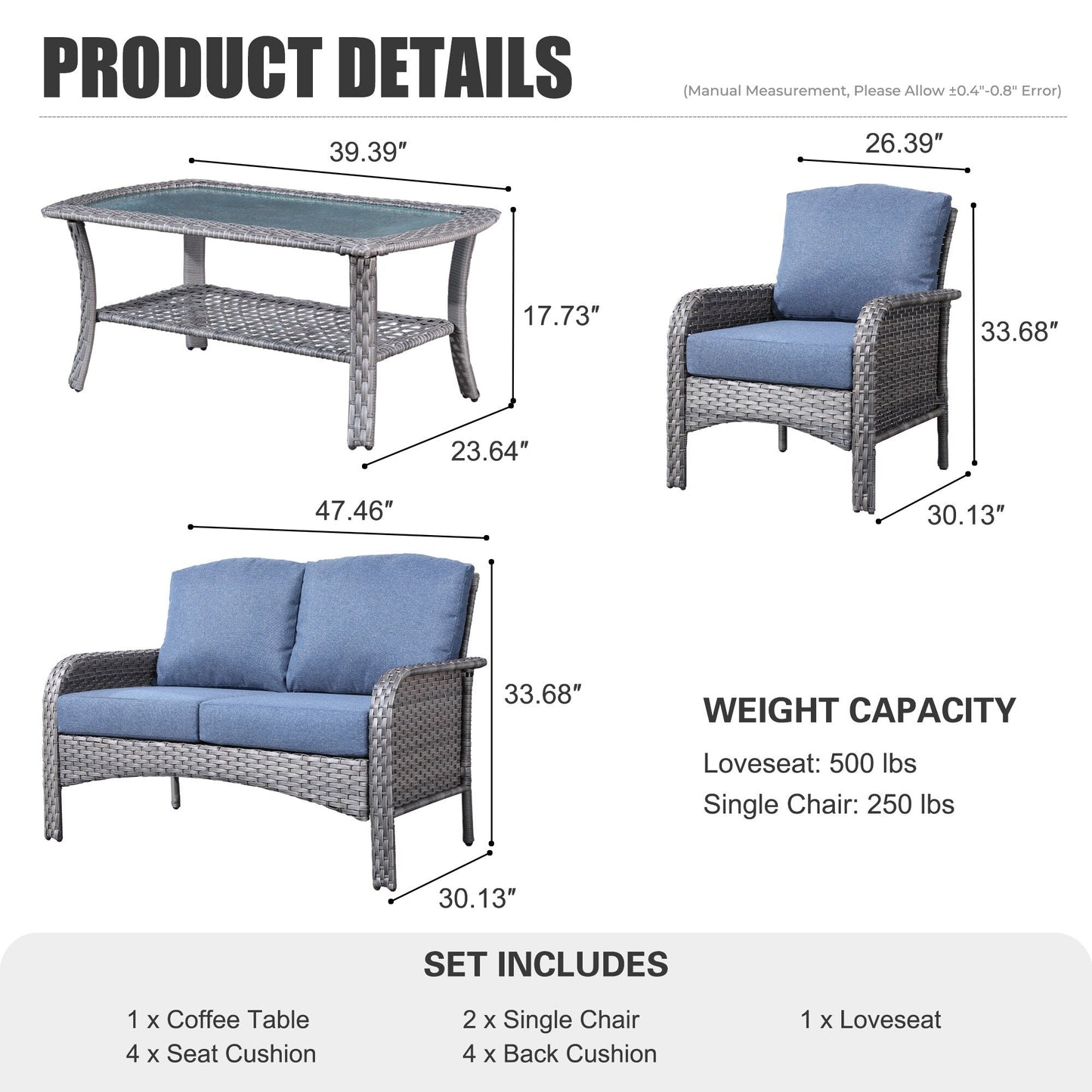 Ensemble de conversation de jardin XIZZI 4 pièces avec table