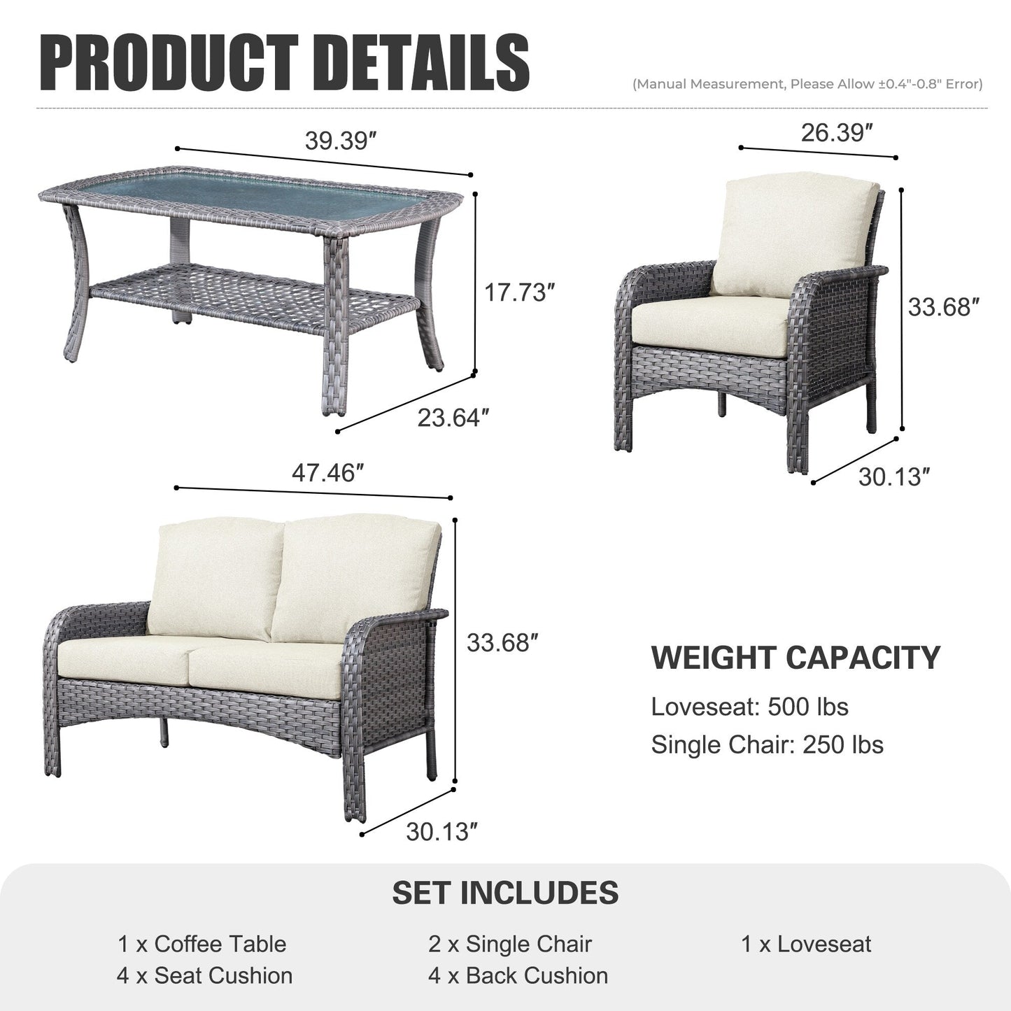Ensemble de conversation de jardin XIZZI 4 pièces avec table