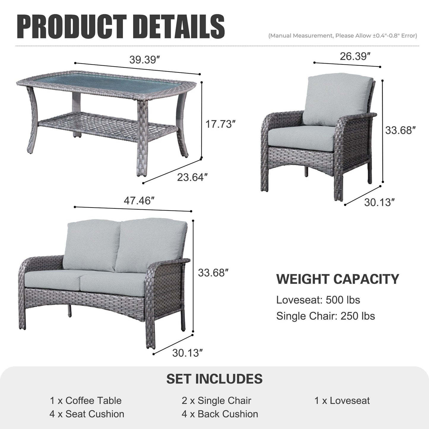 Ensemble de conversation de jardin XIZZI 4 pièces avec table