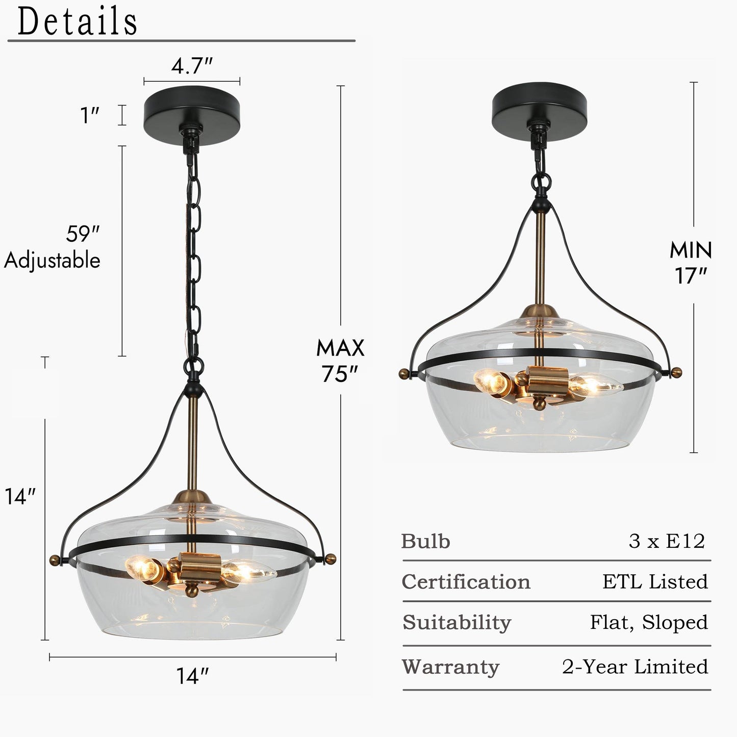Lustre Zelena moderne de style ferme, noir et or, suspension en verre à 3 lumières pour îlot de cuisine ou salle à manger